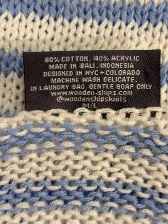 Wooden Ships Striped Sweater M/L Blue White Lightweight Coastal Knit - Picture 5 of 8